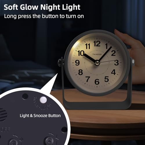 TIMESS Analog Alarm Clock with Snooze & Light, Silent Non-Ticking, Gray | On-demand light, quartz movement, battery operated, easy to set, gentle wake alarm, bedside clock for home, travel, or office - color: Gray