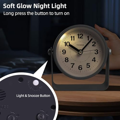 TIMESS Analog Alarm Clock with Snooze & Light, Silent Non-Ticking, Gray | On-demand light, quartz movement, battery operated, easy to set, gentle wake alarm, bedside clock for home, travel, or office - color: Gray