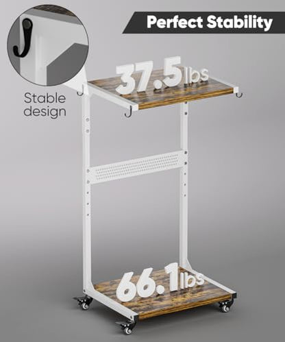 Computer Tower Stand, 2-Tier Metal CPU Holder Stand with Lockable Wheels, Adjustable Under Desk PC Shelf, Mobile Rolling Computer Cart for Home, Office, Gamers and Students, White - color: White