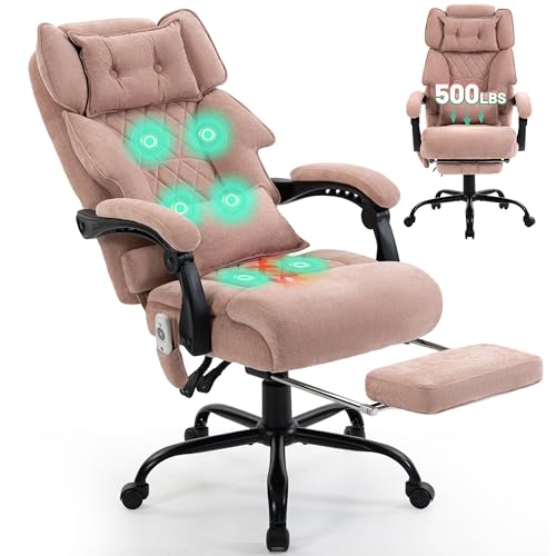 Massage Office Chair with Foot Rest,6 Points Vibration & Heat Executive Office Chairs for Heavy People,500LBS Big and Tall Office Chair,Ergonomic Reclining Desk Chair, PinkCloth - color: Pink, size: 6 Point Vibration