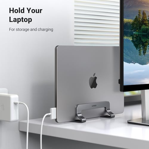 UGREEN Vertical Laptop Stand Holder for Desk Compatible with MacBook Pro, MacBook Air Stand Vertical Aluminum Adjustable for Up to 17.3 Inch Gaming Laptop, Gray - color: Silver Gray