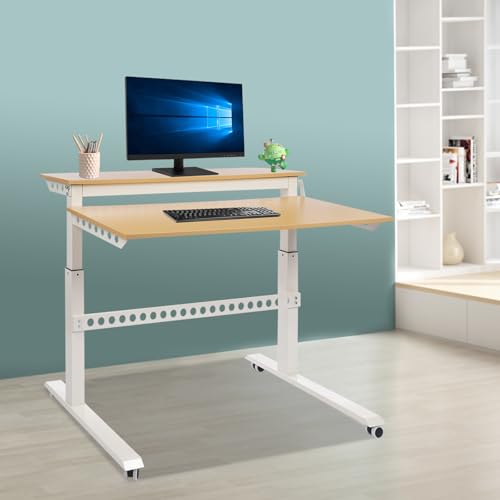 2-Tier Standing Desk Adjustable Crank Height Computer Desk with Wheels | Adjustable Crank Height, 2-Tier Spacious Desktop, Cable Management Holes, Sturdy Steel Frame, Mobile Wheels for Home Office U