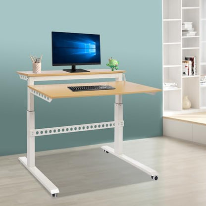 2-Tier Standing Desk Adjustable Crank Height Computer Desk with Wheels | Adjustable Crank Height, 2-Tier Spacious Desktop, Cable Management Holes, Sturdy Steel Frame, Mobile Wheels for Home Office U