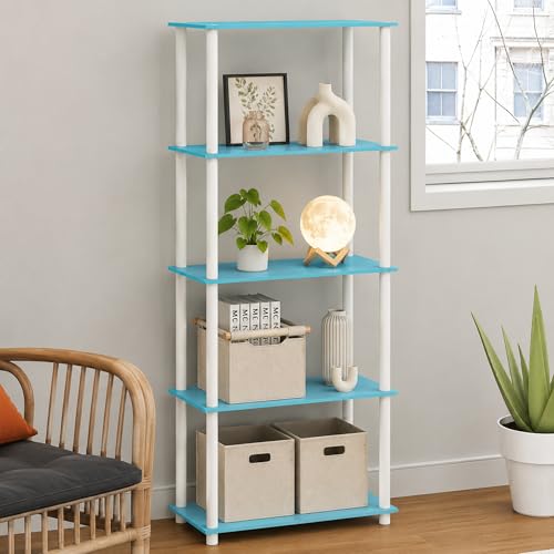 Furinno Turn-N-Tube Toolless Assembly 5-Tier Storage Shelves, Blue Book Shelf, Open Storage Bookshelf, for Organization and Storage, Living Room, Home Office, Bedroom, Soft Blue - color: Soft Blue/White