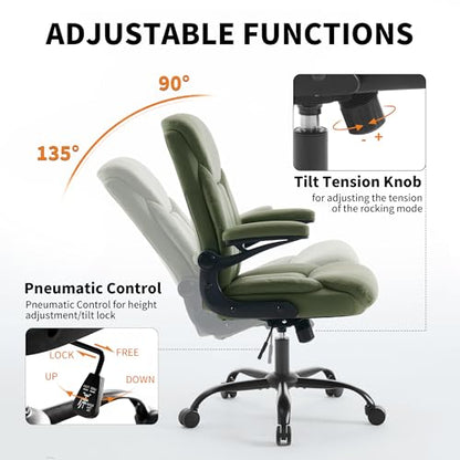 Ergonomic Home Office Chair PU Leather Comfy Computer Chair, Green | Flip-up Armrest, Height Adjustable, Lumbar Support, 360° Swivel Wheels Managerial Executive Chairs for Work Gaming Home Use - color: Green