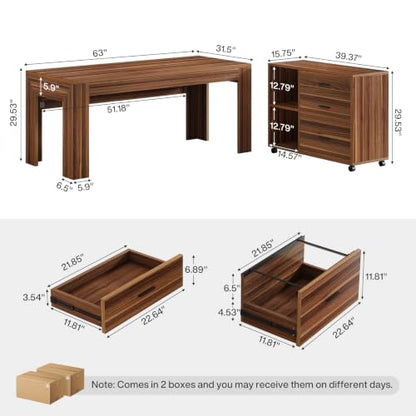 Tribesigns 63" L Shaped Desk with File Cabinet, Large Executive Office Desk with Rolling Filing Cabinet, Long Computer Table with Drawers, Business Furniture Set for Home Office, Light Walnut - color: Light Walnut