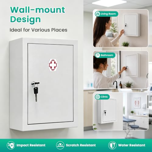 Metal Locking Wall-mounted Medicine Cabinet, Bathroom Medicine Cabinet Organizer with 3 Compartments & 2 Door Storage Bins, First Aid Cabinet for Home Bathroom Office, Weekly Pill Organizer Included - size: 11.7 x 4.7 x 15.6 inches