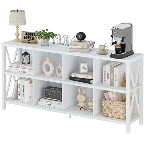 8 Cube Storage Organizer Bookshelf, 62 Inch Rustic Wood Horizontal Bookcase, Industrial Cube Long Book Shelf for Living Room (White Oak) - color: White Oak