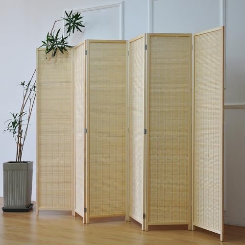 Furnnylane 6 Panel Bamboo Room Divider – 5.6 ft Tall Folding Privacy Screen, Natural Beige Freestanding Room Partition Wall (67" H x 92.1" W, 6-Panel) - color: Beige, size: 6 Panel