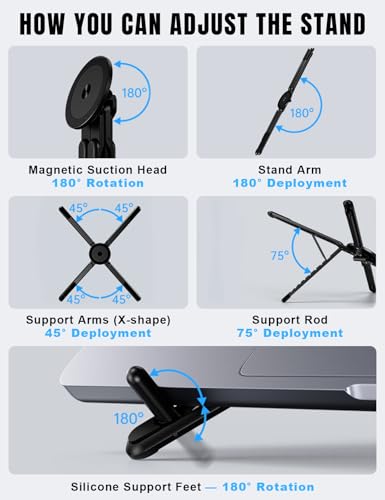 Magnetic Phone Stand & Foldable Laptop Riser, Matte Black Multi-Device Aluminum Desk Mount, N52 MagSafe Tripod Grip for Travel Office, Ergonomic Elevator for MacBook, iPad & iPhone - color: Black