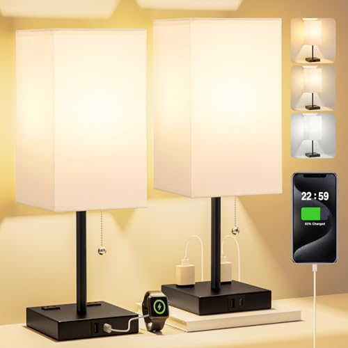 Bedside Lamp for Bedroom Set of 2 - Table Desk Lamp for Nightstand | USB A+C Ports, AC Outlet, 3 Color Temperatures, LED Bulb Included, Pull Chain, 14" Rectangular Desk Lamp for Office, 2-Pack - color: White, size: 17.4In