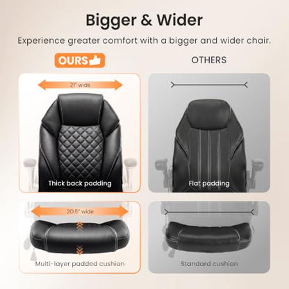 NEO CHAIR Ergonomic Office Chair, Executive Leather Chair, Lumbar Support | Executive Desk Chair with High Back, Flip-Up Arms and Wide Seat, Comfortable Gaming Chair for Home Office, Black - color: Black