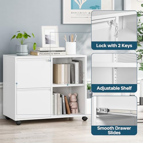 MIIIKO 2 Drawer File Cabinet with Lock, Metal Rolling Printer Stand Filing Cabinets with Drawers for Home Office,A4, Letter Size File Folders(White) - color: White, size: 2 Drawer-31.5"W -Mobile-a