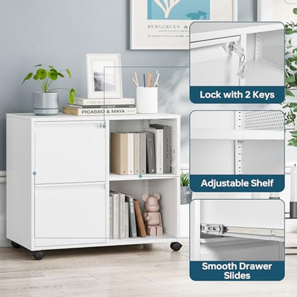 MIIIKO 2 Drawer File Cabinet with Lock, Metal Rolling Printer Stand Filing Cabinets with Drawers for Home Office,A4, Letter Size File Folders(White) - color: White, size: 2 Drawer-31.5"W -Mobile-a