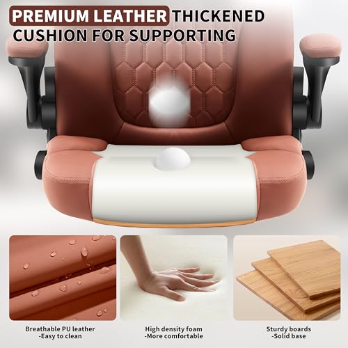 Leather Office Chair Swivel Lumbar Support for Short People Brown - color: Brown