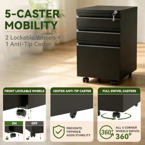 SAWJEC 3 Drawer Mobile File Cabinet with Lock, Fully Assembled, Black - color: 02b-black