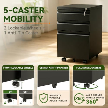 SAWJEC 3 Drawer Mobile File Cabinet with Lock, Fully Assembled, Black - color: 02b-black
