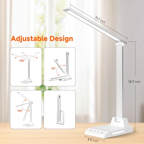 ShineTech LED Desk Lamp for Home Office,Foldable Reading Lamp with Adapter | 25 Lighting Modes and Dimmable, Touch Control, Eye-Caring LED Light for Bedroom Nighstand with Small Night Light, White - color: White