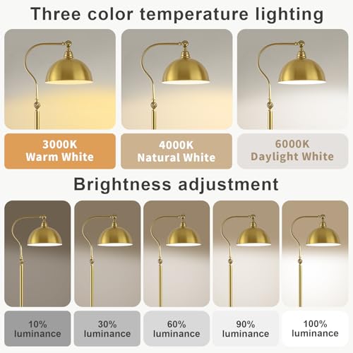 Bright Reading Floor Lamp with Remote and Bluetooth Dimming | Adjustable Brightness and Color temperature, Brass Gold Brushed Iron Lampshade, Standing Lamp for Living Room Bedroom Office - color: Gold Remote Dimming