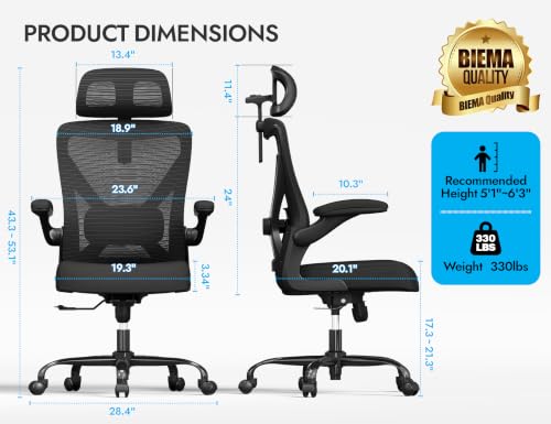 Ergonomic Office Chair: Mesh Desk Chair Comfy with Headrest& Lumbar Support | Ergalithic Big and Tall Office Chairs with Wheels & Flip-Up Arms-Computer Gaming Chairs for Adults Home Office (Full Black) - color: Full Black, size: Pack of 1