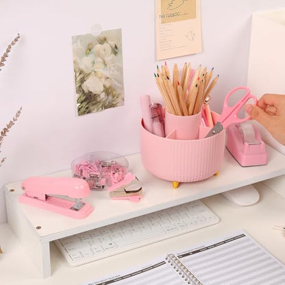 SKYDUE Pink Desk Accessories 11Pcs with Rotating Pen Holder for Desk | Included Stapler with Staples, Staple Remover, Tape Dispenser,2pcs Tape Refills, Binder Paper Clips Kit, Scissor, 2pcs Pens - color: Pink