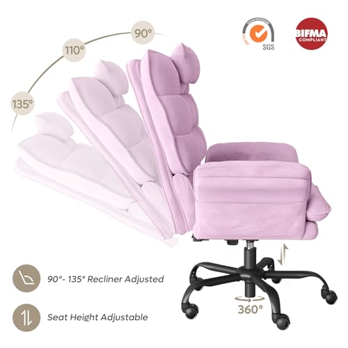 Bestier Criss Cross Chair with Flip-Up Armrests and Headrest, Pink Velvet | 135° Reclining Swivel Executive Chair with Side Pockets, Big and Tall Computer Desk Chair for Home Office Bedroom - color: Pink Velvet, size: High Back