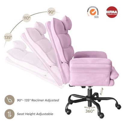 Bestier Criss Cross Chair with Flip-Up Armrests and Headrest, Pink Velvet | 135° Reclining Swivel Executive Chair with Side Pockets, Big and Tall Computer Desk Chair for Home Office Bedroom - color: Pink Velvet, size: High Back