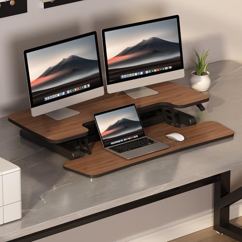 FLEXISPOT 36" Standing Desk Converter, Dual Monitor Desk Riser, Sit Stand Computer Workstation with Ergonomic Height Adjustment, Large Stand Up Desk Riser for Home Office, Walnut - color: Walnut, size: 36"
