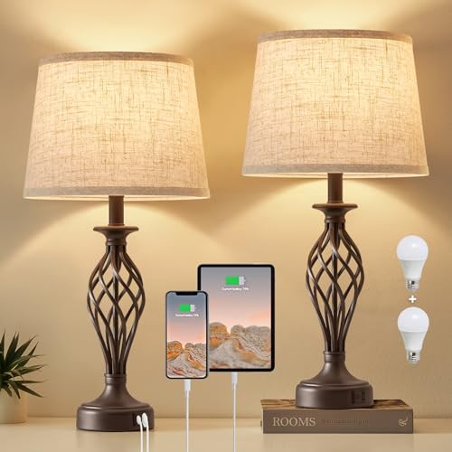 Table Lamp for Bedroom Set of 2 with USB C+A Ports,Modern Night Stand Lamp - color: Brown Base + Beige Lampshade