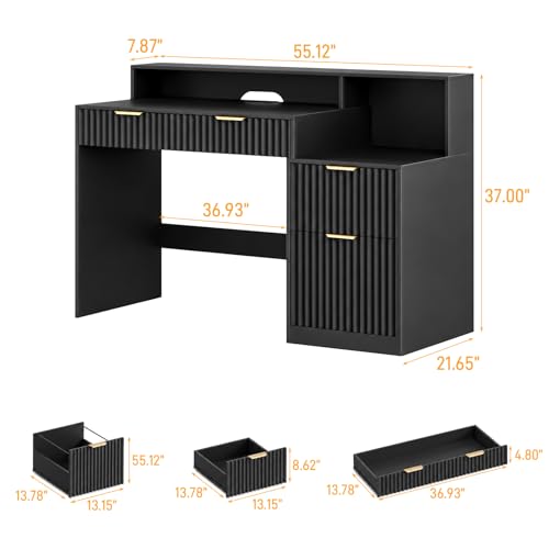 Vabches Fluted Computer Desk with Drawers, Home Office Desk with Power Outlets, Printer Stand and Storage Cabinet, Study Writing Desks with Long Monitor Stand, Black - color: Black