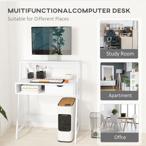 HOMCOM Home Office Desk with A Frame for Small Spaces, White | Computer Desk, Writing Table, with Drawer, Storage Shelves - color: White