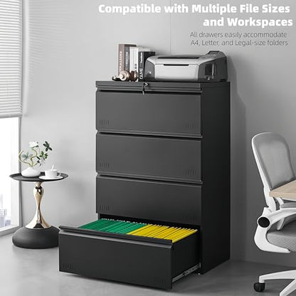 Approgreent Lateral 4 Drawer File Cabient with Lock, Metal Filing Cabinets for Home Office, Heavty Duty Office Storage Cabinet for A4/Letter/Legal (Matte Black) - color: 18-l Black