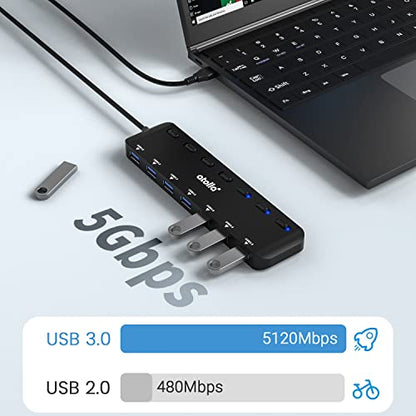USB 3.0 Hub, atolla 7-Port USB Hub Splitter with Individual On/Off Switches and Lights, 3.28Ft Extended Cable, Suitable for Laptop, PC, MacBook, Keyboard, Mouse, Flash Drives ﻿ - size: 60 cm