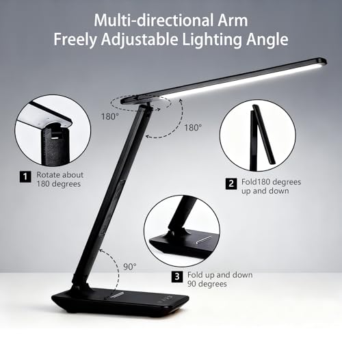 Desk Lamp with Wireless Charger, Table Lamp with USB Port, Eye-Caring Dimmable Touch Control, Clock Display, Adjustable Foldable Arm, 5 Brightness & 3 Color Modes, Home Office Study
