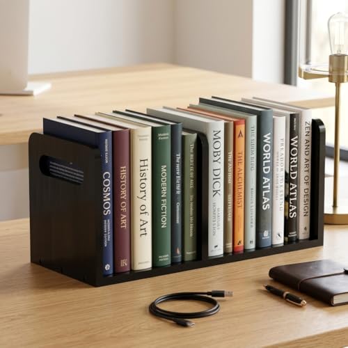 100% Solid Wood Adjustable Desktop Bookshelf with Movable Divider, Retro Tabletop Bookshelf with Convenient Handle Design for Living Room, Home, Office, Perfect for Magazine Book (Black) - color: Black