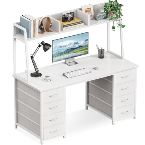 AODK 48 Inch Computer Desk with Hutch and 8 Fabric Drawers, White | Space-Saving Study Writing Table with Ample Storage for Dorm, Bedroom, Home Office - size: 48 Inches
