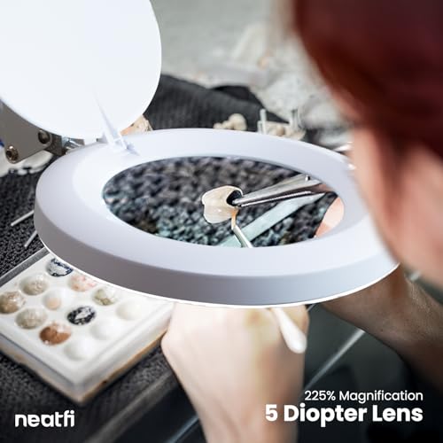 Neatfi LED Magnifying Lamp with Clamp | 2.25x Magnification | 120 SMD LEDs | 1,200 Lumens | 12W | Adjustable Color Temperature Desk Lamp Magnifier (White-3, 5-Diopter) - color: White-3, size: 5-Diopter