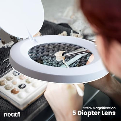 Neatfi LED Magnifying Lamp with Clamp | 2.25x Magnification | 120 SMD LEDs | 1,200 Lumens | 12W | Adjustable Color Temperature Desk Lamp Magnifier (White-3, 5-Diopter) - color: White-3, size: 5-Diopter