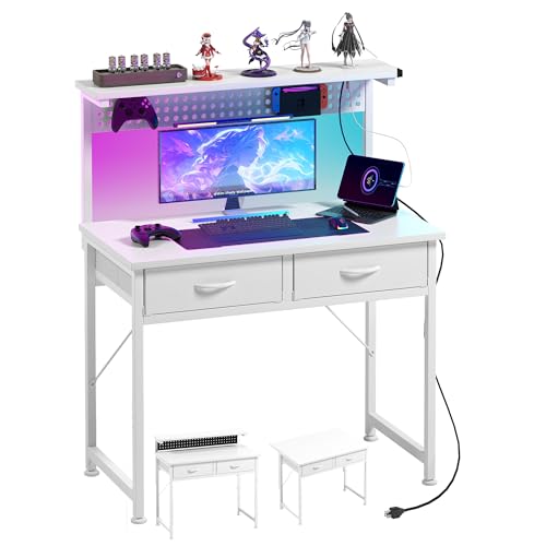 MUTUN Small Desk with Drawers, 31 Inch Computer Desk with Power Outlet & LED Light, Gaming Desk with Adjustable Monitor Stand & Pegboard, Modern PC Study Writing Table for Bedroom, White - color: White, size: 31 Inch