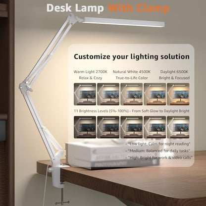Upgrade Swing Arm LED Desk Lamp with Clamp, 80 LED Beads, 5 Color Modes & 11 Brightness Levels, 360° Adjustable Arm, Eye-Caring Light CRI95, Timer & Memory Function, for Office, Study, Crafting - color: Clip-White