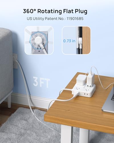 TROND 360° Rotating Flat Plug Power Strip 3ft, 8 AC & 4 USB (2U2C), White - color: White, size: 3FT, style: Rotating Plug-2U2C