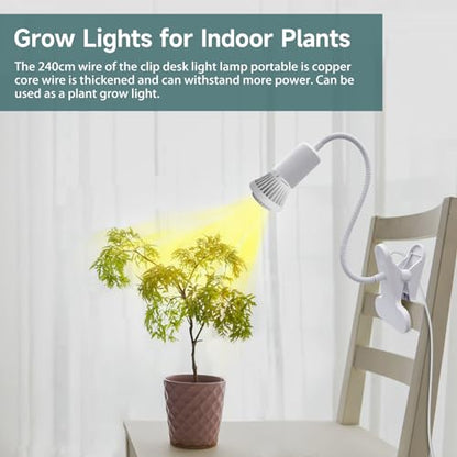 Desk Clip Lamp Holder, 240CM Cord Clip Desk Lamp Socket E26 E27 Clamp Light Socket with 9mm Thick Metal Tube Clip Reading Lamp for Office Clip On Grow Lights for Home Lighting, White(No Bulb)
