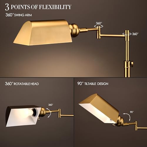 O’Bright Arcadia - Pharmacy Floor Lamp, Full Range Dimming, Swing Arm Task Lamp, E26 Socket, Bulb Replaceable, Adjustable Height 47” to 55”, 360° Rotatable Shade, All-Metal Design, Antique Brass - color: Antique Brass