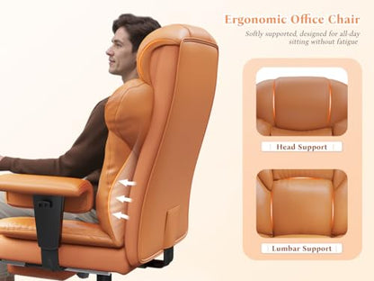 DurayLoly Big and Tall Office Chair with Footrest, 400 lbs Weight Capacity | 135° Rocking Motion, Ergonomic Lumbar Support, PU Leather for All-Day Home Office Comfort, Brown - color: Brown