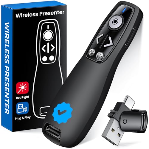 Wireless Presenter Clicker with Bluetooth & USB+Type-C Receiver, Red Laser Pointer, Powerpoint Clicker with Volume Control for PowerPoint/Keynote/Google Slides, Compatible with Laptop/Mac/PC/Android - color: Black+BT