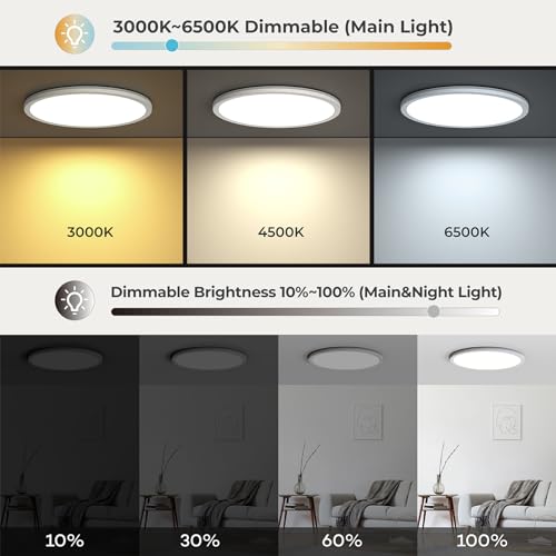 Matane 12in LED Flush Mount Ceiling Light Fixture with Remote Control, Nightlight 2000K Warm, 3000K-6500K Adjustable, Wired Low Profile Ceiling Lights for Bedroom, Kitchen, Living Room, White - color: White, size: 12 Inch