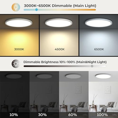 Matane 12in LED Flush Mount Ceiling Light Fixture with Remote Control, Nightlight 2000K Warm, 3000K-6500K Adjustable, Wired Low Profile Ceiling Lights for Bedroom, Kitchen, Living Room, White - color: White, size: 12 Inch