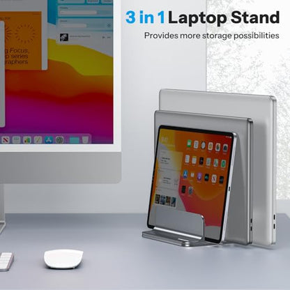 OMOTON 3-Slot Multiple Vertical Laptop Stand, Fits All MacBook, Grey | Adjustable Width 0-1.38", Aluminum Office Space-Saving for Desk, Fits MacBook/Book/iPad Up to 17.3in - color: Three Slots-Grey