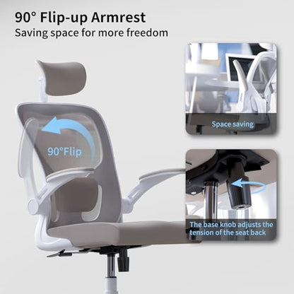 Monhey Office Chair Ergonomic Desk Chair with Lumbar Support&Headrest&Flip-up Arms Height Adjustable Rocking Swivel Computer Chair Multi-Angle from 90° to 125° with 350LBS Capacity (02White+Khaki) - color: 02white+khaki