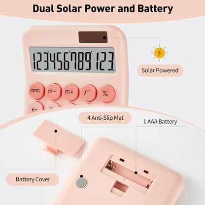 KANBIT Cute Pink Desktop Calculator, 12-Digit Basic Calculator with Large LCD Display and Responsive Buttons, Dual Solar & Battery Powered Calculator for Office, School, Home and Business